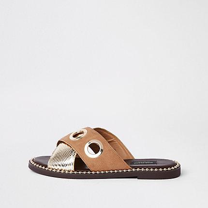 River Island Womens Cross Eyelet Strap Wide Fit Mules