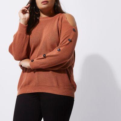 River Island Womens Plus Rust Cold Shoulder Knit Jumper