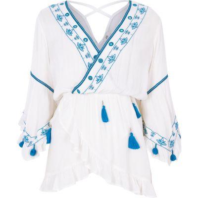 River Island Womens White Embroidery Tassel Smock Wrap Front Top