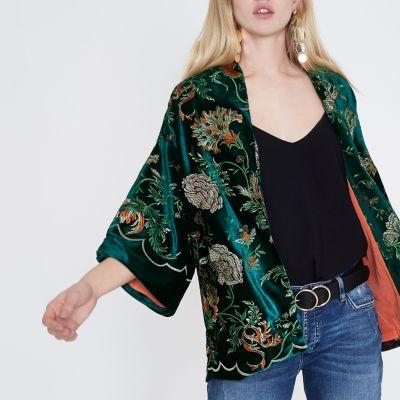 River Island Womens Velvet Floral Embroidered Kimono