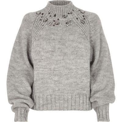 River Island Womens Chunky Knit Jewel Trim High Neck Sweater