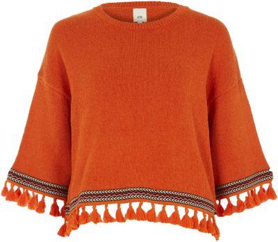 River Island Womens Aztec Tassel Trim Wide Sleeve Jumper