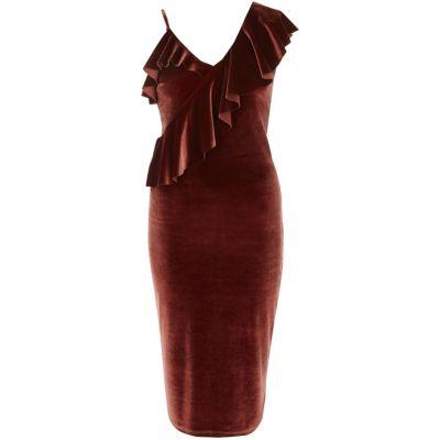 River Island Womens Rust One Shoulder Velvet Midi Dress