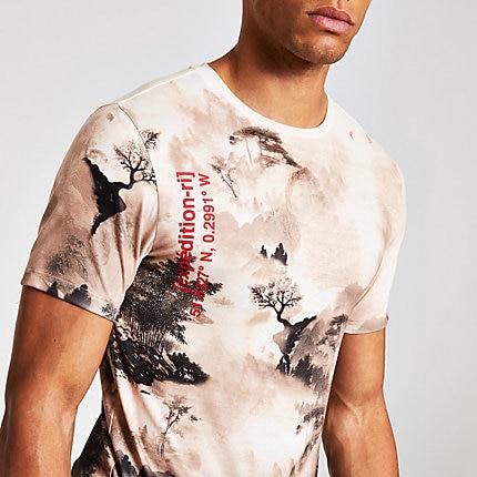 River Island Mens Landscape Printed Slim Fit T-shirt