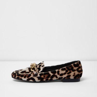 River Island Womens Leopard Print Gold Tone Chain Loafers