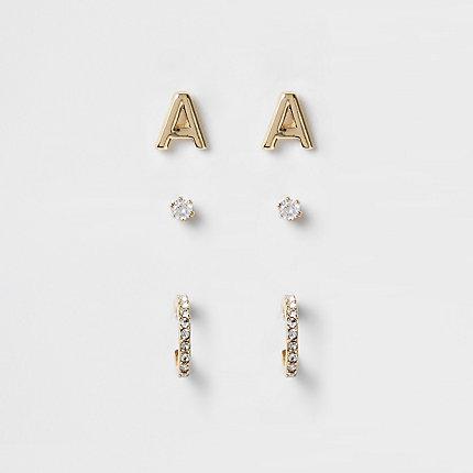 River Island Womens Gold Plated 'a' Cubic Zirconia Stud Multipack