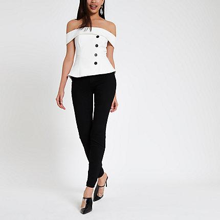 River Island Womens White Button Front Bardot Top