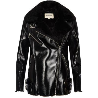 River Island Womens Patent Leather Look Aviator Coat