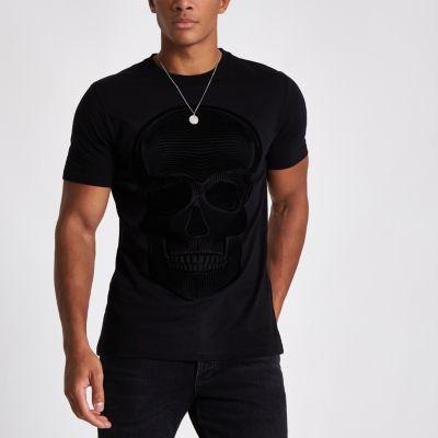 River Island Mens Skull Flock Print Slim Fit T-shirt
