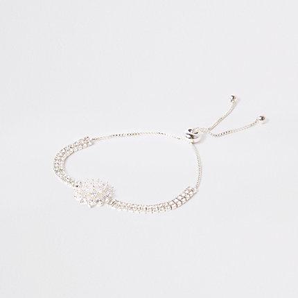 River Island Womens Silver Tone Floral Rhinestone Lariat Bracelet
