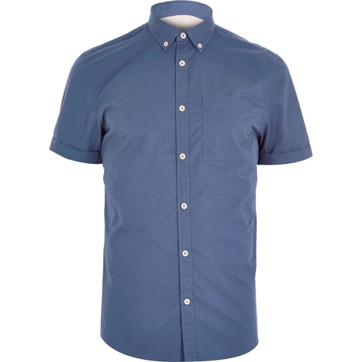 River Island Mensblue Short Sleeve Twill Shirt