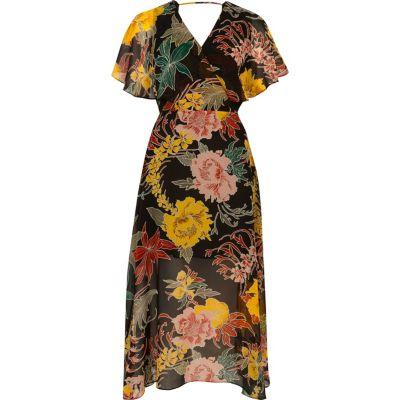 River Island Womens Floral Print Chiffon Cape Midi Dress