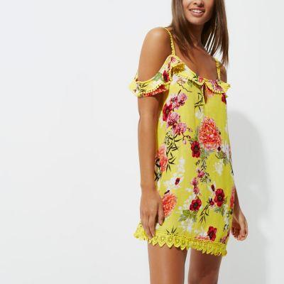 River Island Womens Floral Frill Cold Shoulder Beach Dress