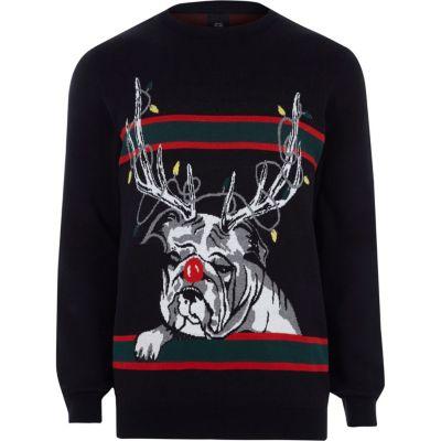 River Island Mens Reindeer Bulldog Knit Christmas Sweater