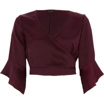 River Island Womens Satin Wrap Frill Sleeve Crop Top