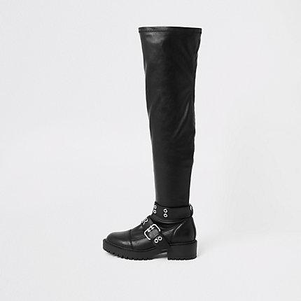 River Island Womens Over The Knee Buckle Biker Boots
