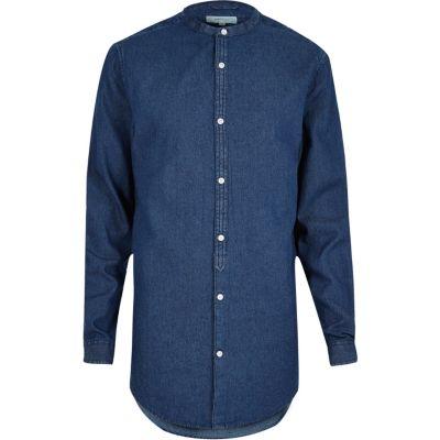 River Island Mensblue Casual Longline Grandad Denim Shirt