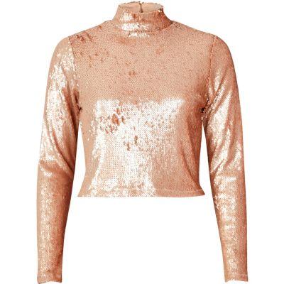 River Island Womens Blush Sequin Turtleneck Crop Top