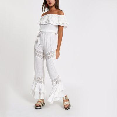 River Island Womens White Broderie Frill Bardot Jumpsuit