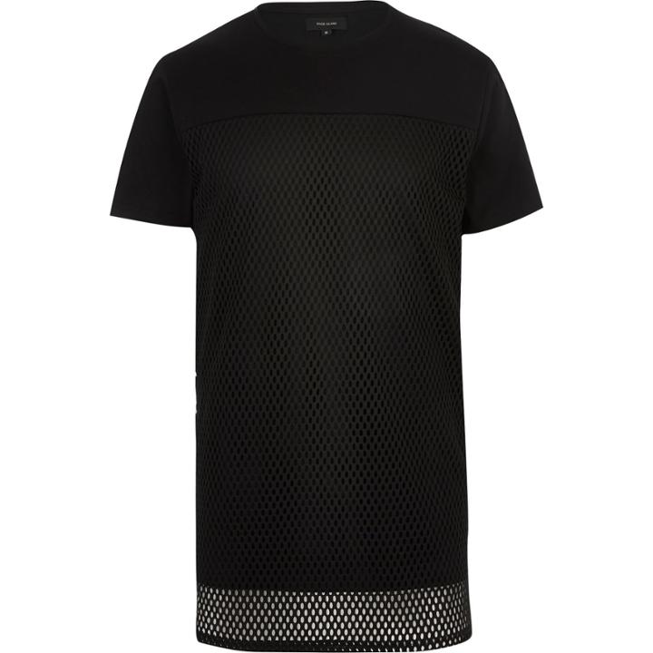 River Island Mensblack Mesh Layer Longline T-shirt