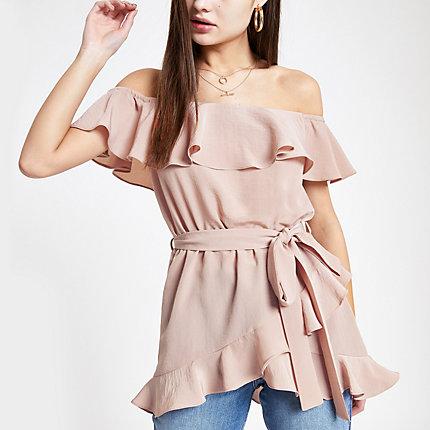 River Island Womens Bardot Frill Tie Waist Top