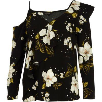 River Island Womens Floral Asymmetric Cold Shoulder Top