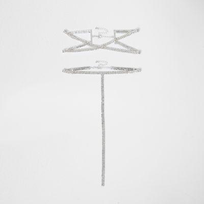 River Island Womens Silver Tone Cross Choker Diamante Multipack
