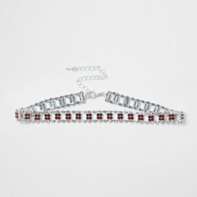River Island Womens Silver Tone Ruby Square Gem Choker