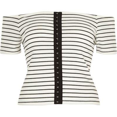River Island Womens White Stripe Bardot Hook And Eye Top