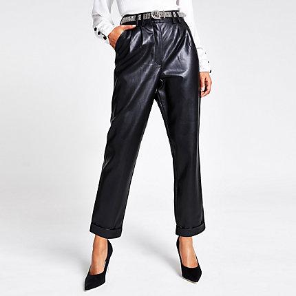 River Island Womens Faux Leather Diamante Belted Trousers