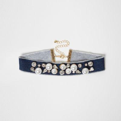 River Island Womens Denim Pearl Embellished Choker