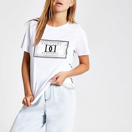 River Island Womens White Houndstooth Check Piped T-shirt