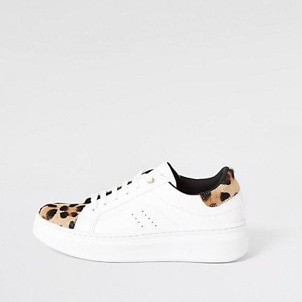 River Island Womens White Leopard Print Lace-up Sneakers