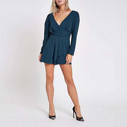 River Island Womens Petite Wrap Front Tie Back Playsuit