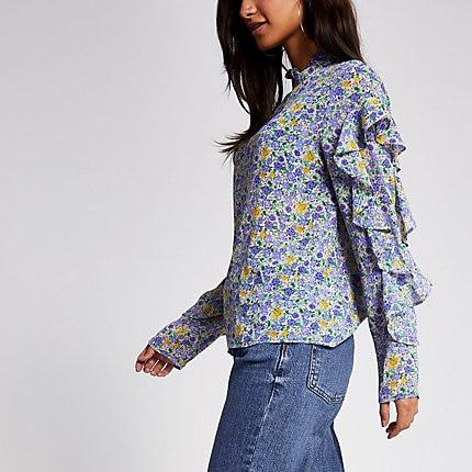 River Island Womens Petite Printed Frill Long Sleeve Top