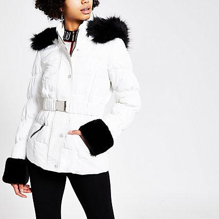 River Island Womens White Quilted Faux Fur Hood Fitted Jacket