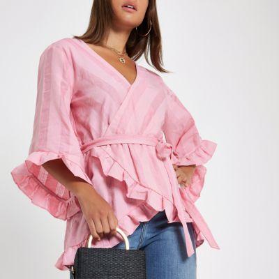 River Island Womens Stripe Wrap Tie Waist Frill Blouse