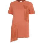 River Island Womens Short Sleeve Fringed Longline T-shirt