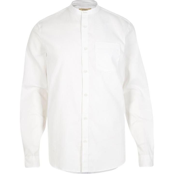 River Island Menswhite Waffle Grandad Collarless Shirt