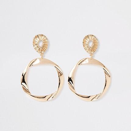 River Island Womens Gold Color Ridged Folded Hoop Drop Earrings