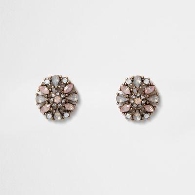 River Island Womens Gold Tone Rhinestone Cluster Stud Earrings