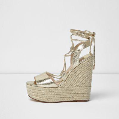 River Island Womens Gold Wide Fit Tie Espadrille Platform Wedges