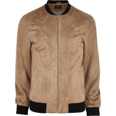 River Island Mensstone Suede Leather Bomber Jacket