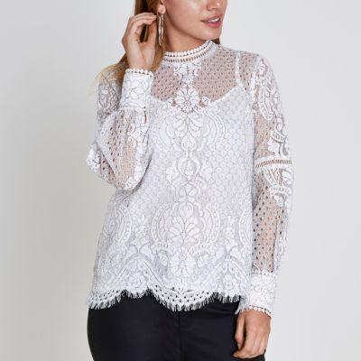 River Island Womens Petite White Lace Long Sleeve Top
