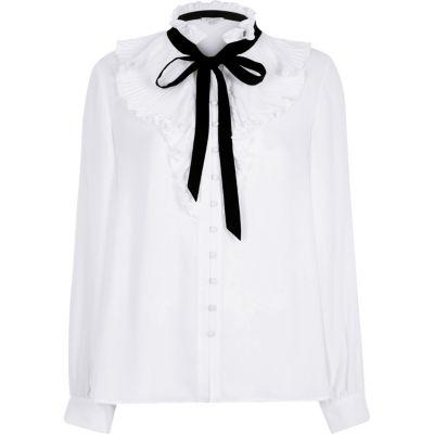River Island Womens White Frill Neck Pussybow Blouse