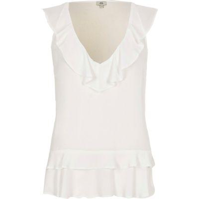 River Island Womens White Frill Front V Neck Sleeveless Top