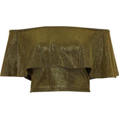 River Island Womens Gold Metallic Deep Frill Bardot Crop Top