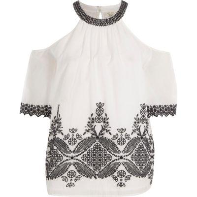 River Island Womens White High Neck Cold Shoulder Embroidered Top