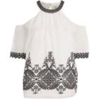 River Island Womens White High Neck Cold Shoulder Embroidered Top