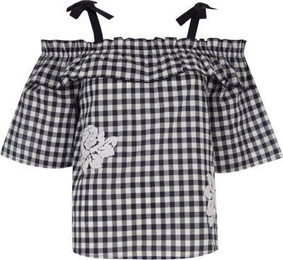 River Island Womens Gingham Print Frill Bardot Top